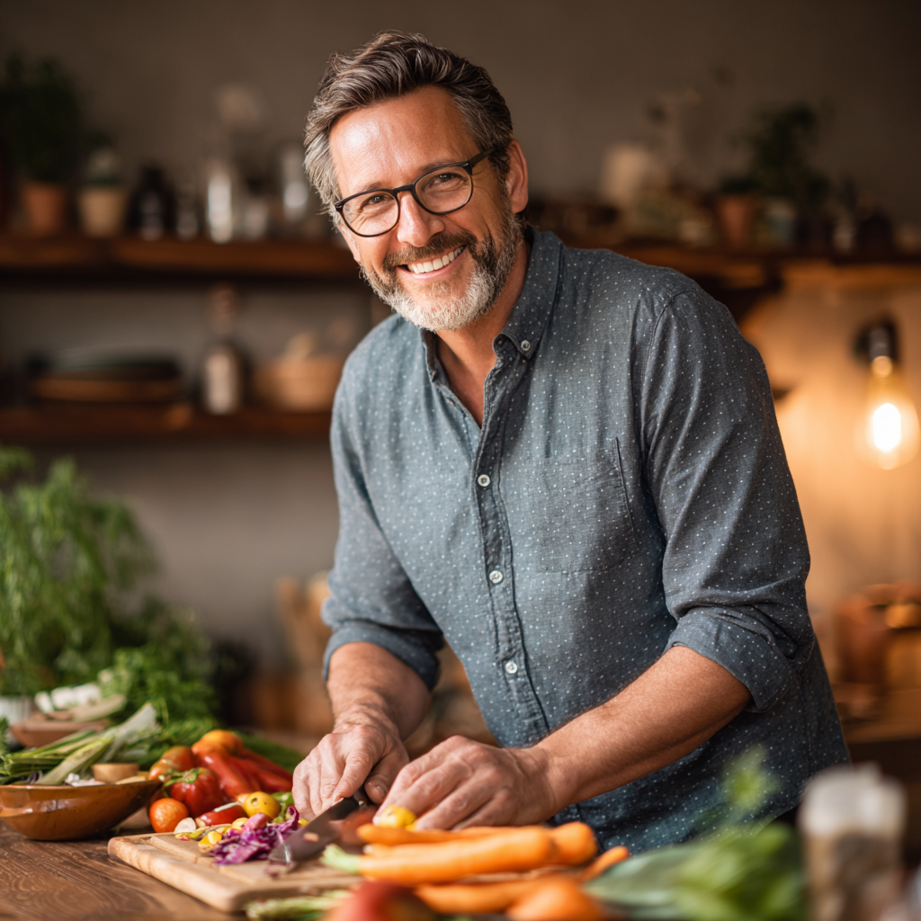 Confident man in his mid-40s with graying temples, wearing a casual button-down shirt, smiling warmly while chopping colorful fresh vegetables at a wooden cutting board in a cozy home kitchen, looking relaxed and enjoying his meal preparation time