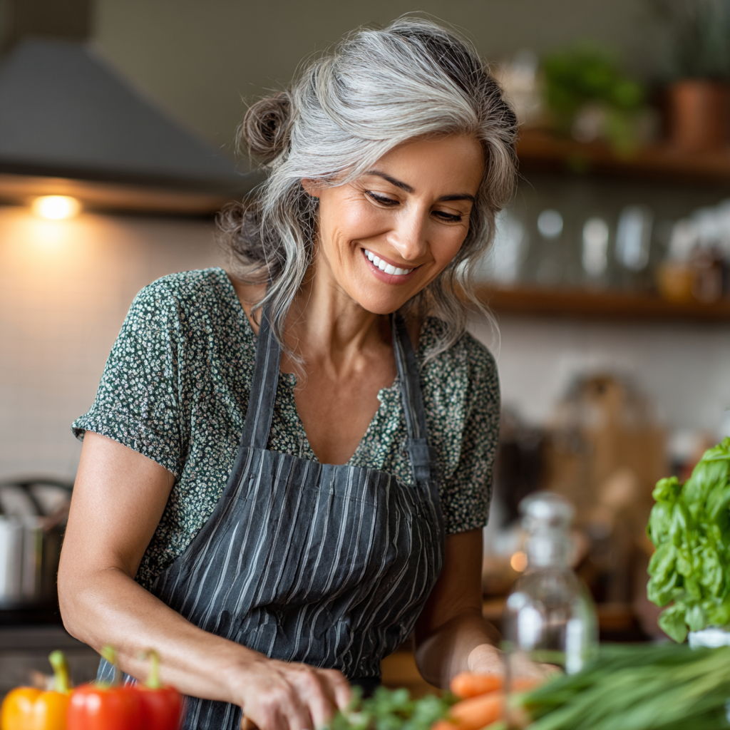 Happy middle-aged woman in her early 50s with salt-and-pepper hair, smiling while preparing fresh vegetables in a bright, modern kitchen, wearing a casual apron and looking content while cooking healthy meals